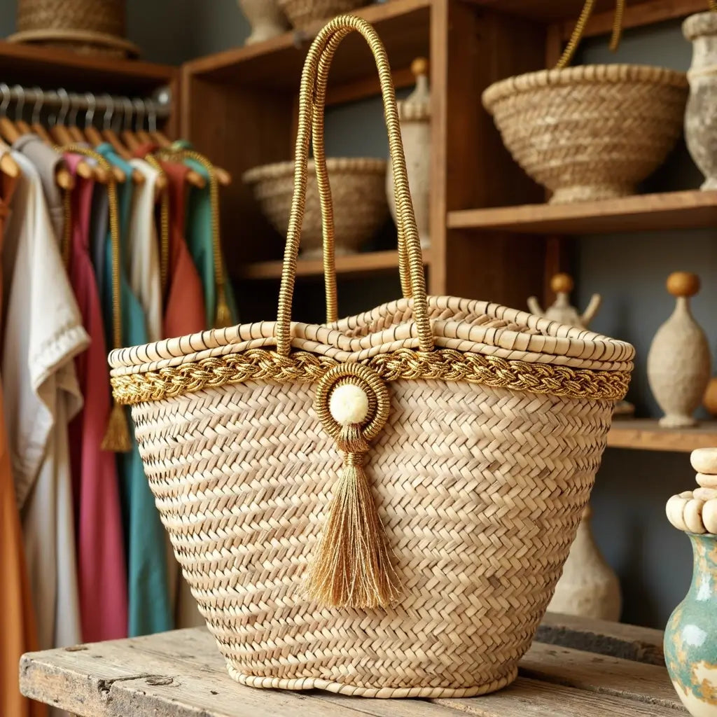 Golden Trim Straw Tote Bag – Handwoven Beach Basket with Tassel