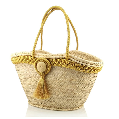 Golden Trim Straw Tote Bag – Handwoven Beach Basket with Tassel