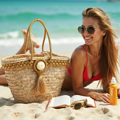 Golden Trim Straw Tote Bag – Handwoven Beach Basket with Tassel