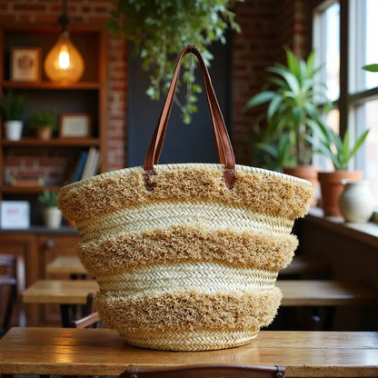 Handwoven Striped Straw Beach Tote Bag with Raffia Fringe and Leather Handles, 13.5x17.7 in