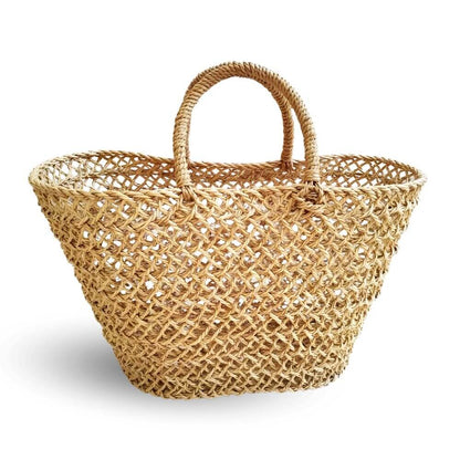 Natural Mesh Straw Beach Shopper – Handwoven Market Tote 12×19″