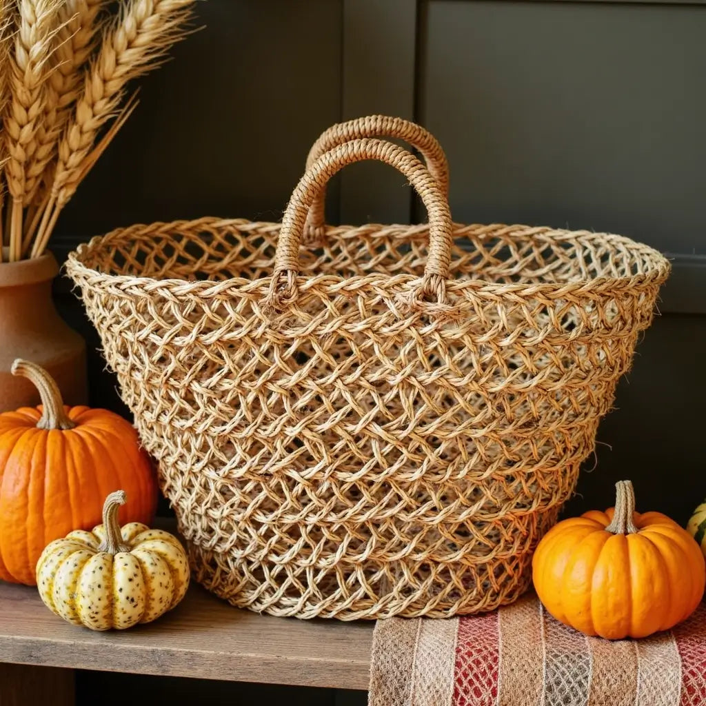 Natural Mesh Straw Beach Shopper – Handwoven Market Tote 12×19″