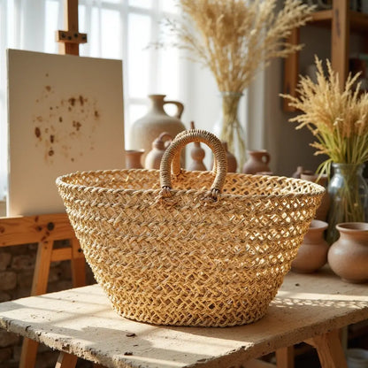 Natural Mesh Straw Beach Shopper – Handwoven Market Tote 12×19″