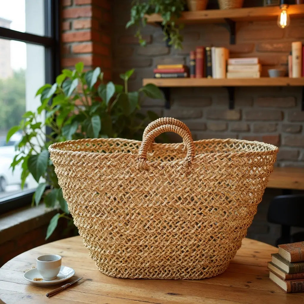 Natural Mesh Straw Beach Shopper – Handwoven Market Tote 12×19″