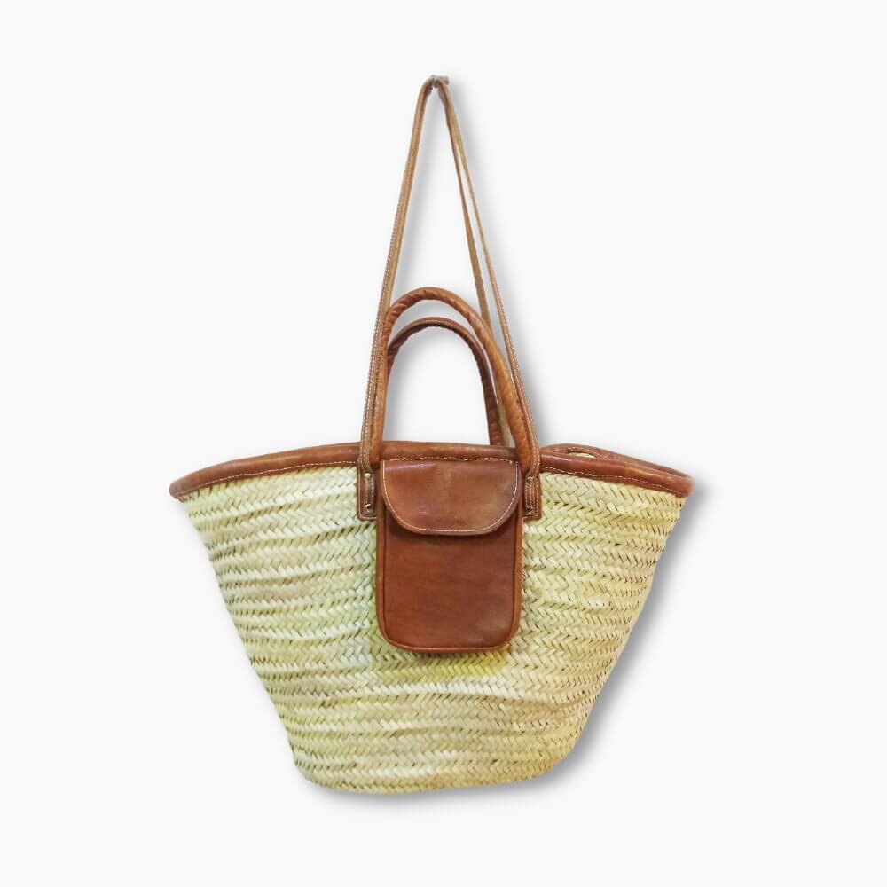 Handwoven Straw Beach Tote Bag with Leather Pocket and Straps