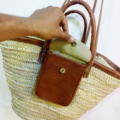 Handwoven Straw Beach Tote Bag with Leather Pocket and Straps