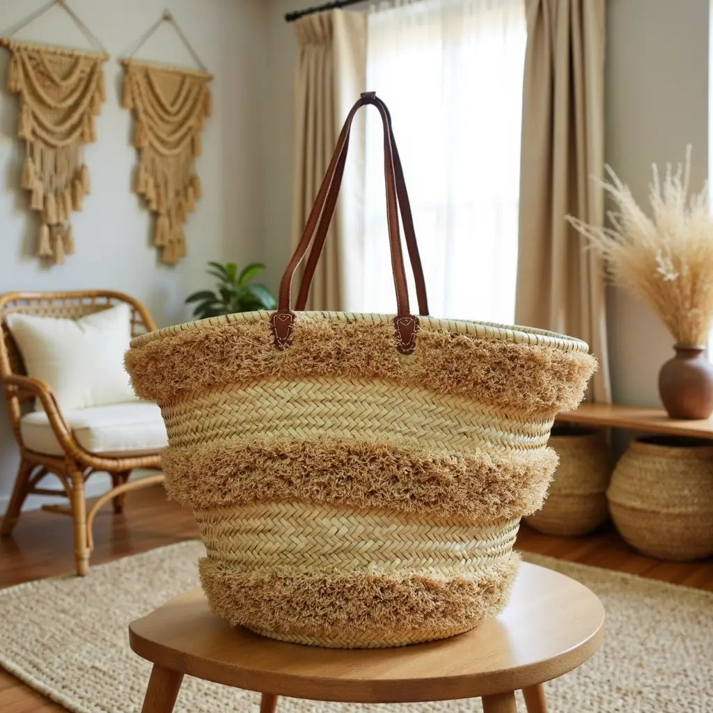 Handwoven Striped Straw Beach Tote Bag with Raffia Fringe and Leather Handles, 13.5x17.7 in