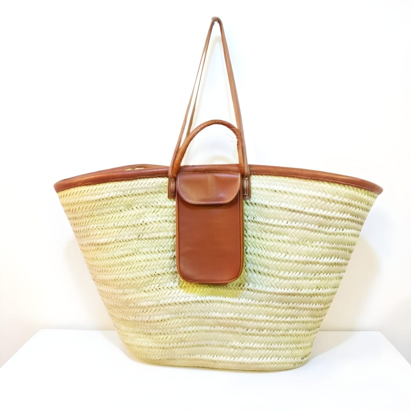 Handwoven Straw Beach Tote Bag with Leather Pocket and Straps