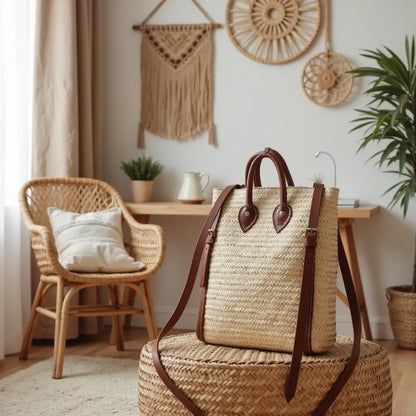 Handwoven Straw Convertible Backpack Tote with Leather Straps