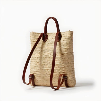 Handwoven Straw Convertible Backpack Tote with Leather Straps