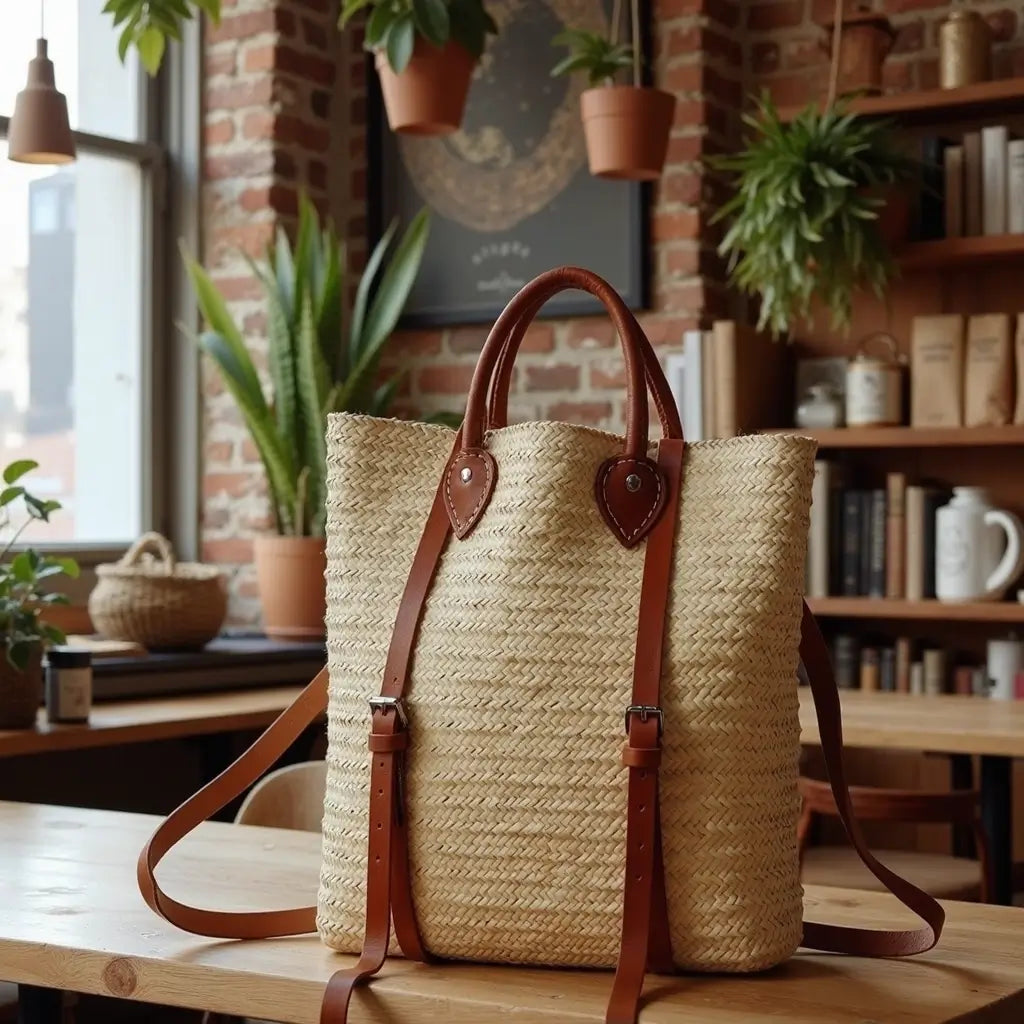 Handwoven Straw Convertible Backpack Tote with Leather Straps
