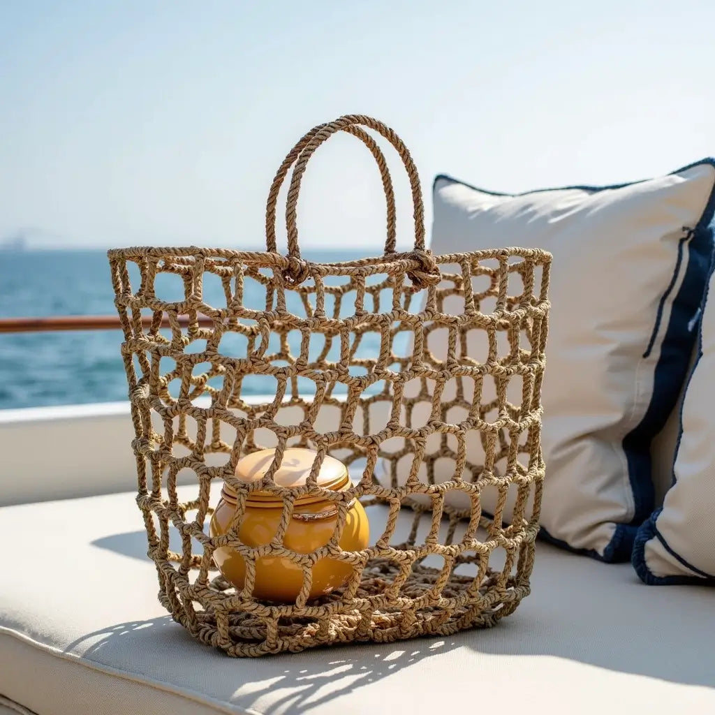 Handwoven Mesh Straw Beach Bag – Natural Open Weave Tote 14.17″
