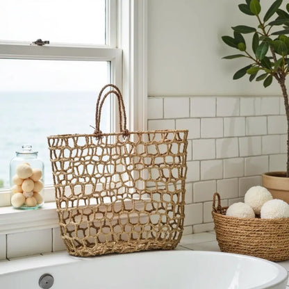 Handwoven Mesh Straw Beach Bag – Natural Open Weave Tote 14.17″