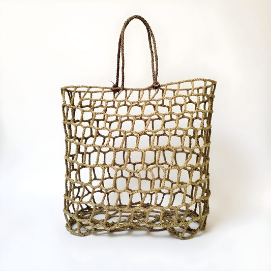 Handwoven Mesh Straw Beach Bag – Natural Open Weave Tote 14.17″