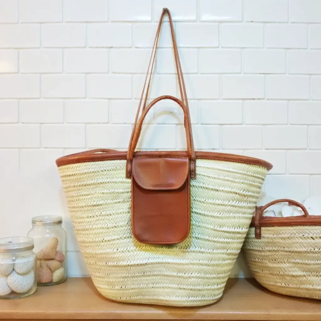Handwoven Straw Beach Tote Bag with Leather Pocket and Straps
