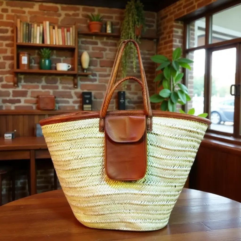 Handwoven Straw Beach Tote Bag with Leather Pocket and Straps