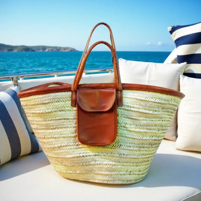Handwoven Straw Beach Tote Bag with Leather Pocket and Straps
