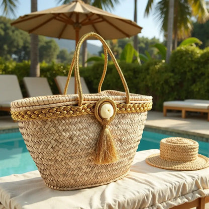 Golden Trim Straw Tote Bag – Handwoven Beach Basket with Tassel