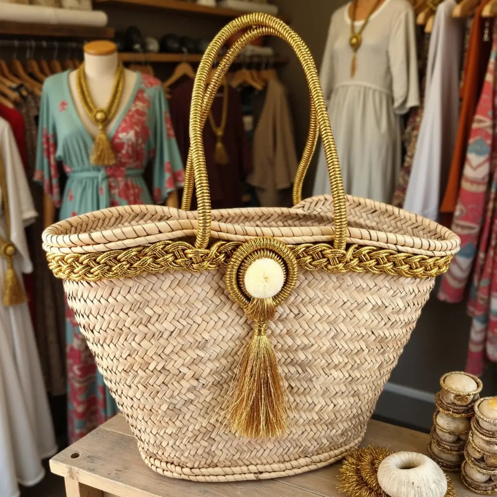 Golden Trim Straw Tote Bag – Handwoven Beach Basket with Tassel