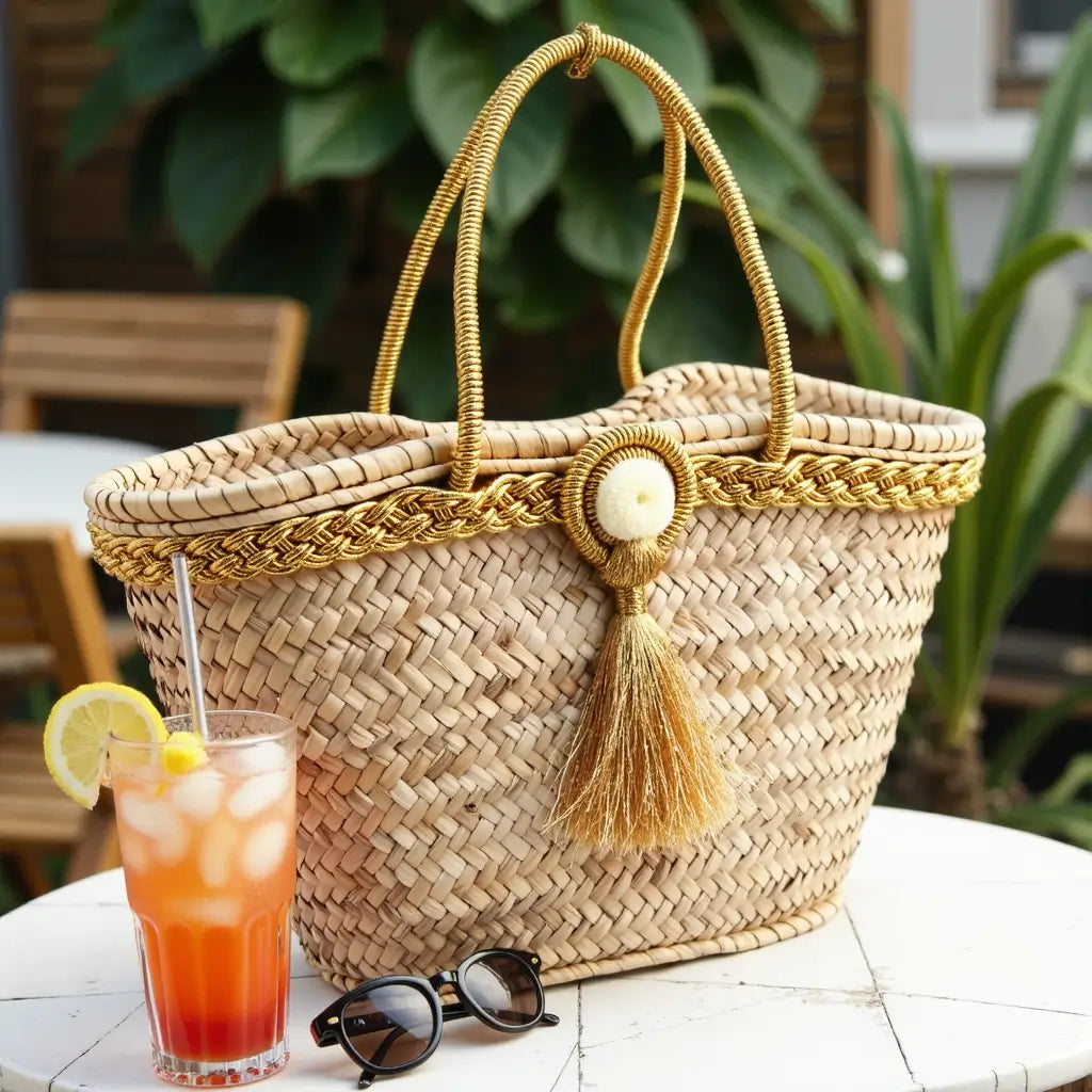 Golden Trim Straw Tote Bag – Handwoven Beach Basket with Tassel