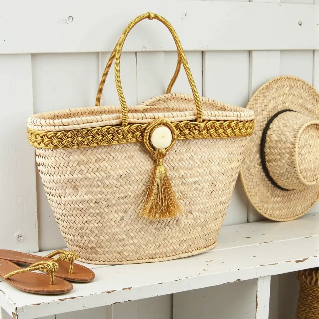 Golden Trim Straw Tote Bag – Handwoven Beach Basket with Tassel