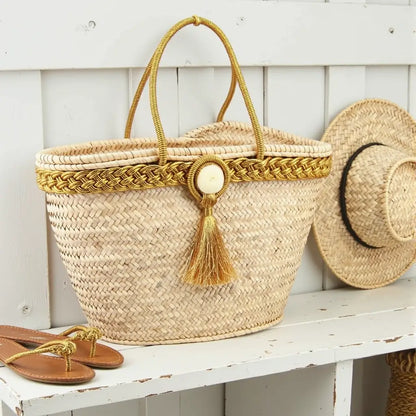 Golden Trim Straw Tote Bag – Handwoven Beach Basket with Tassel